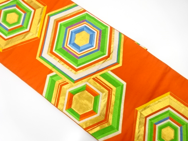 アンティーク　重ね亀甲模様織り出し袋帯（着用可）